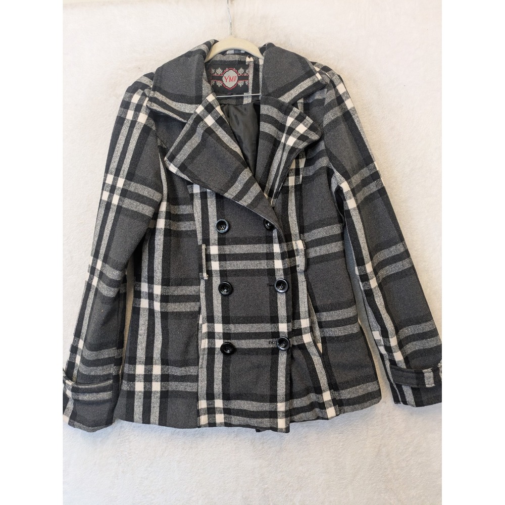 YMI Peacoat Women's Size L Grey Plaid Double Breasted Wool Blend Collared Jacket